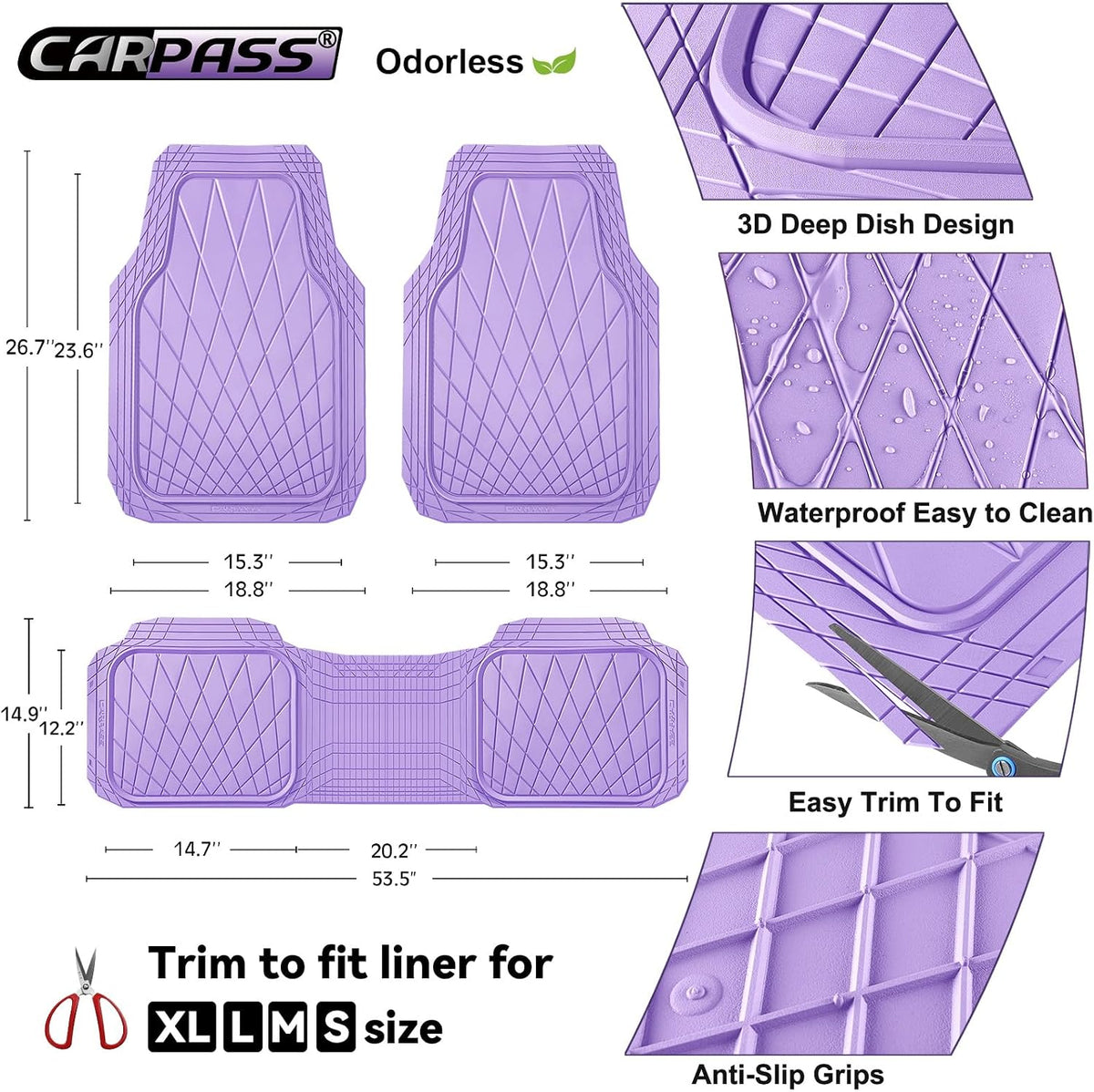 CAR PASS Heavy Duty Rubber Car Floor Mats, Deep Dish All Weather Car Mats Full Set, 3 Piece Waterproof Premium Anti-Slip Floor Mats Rugs Universal Trim to Fit for 95% Sedan SUV Van Truck, All Purple