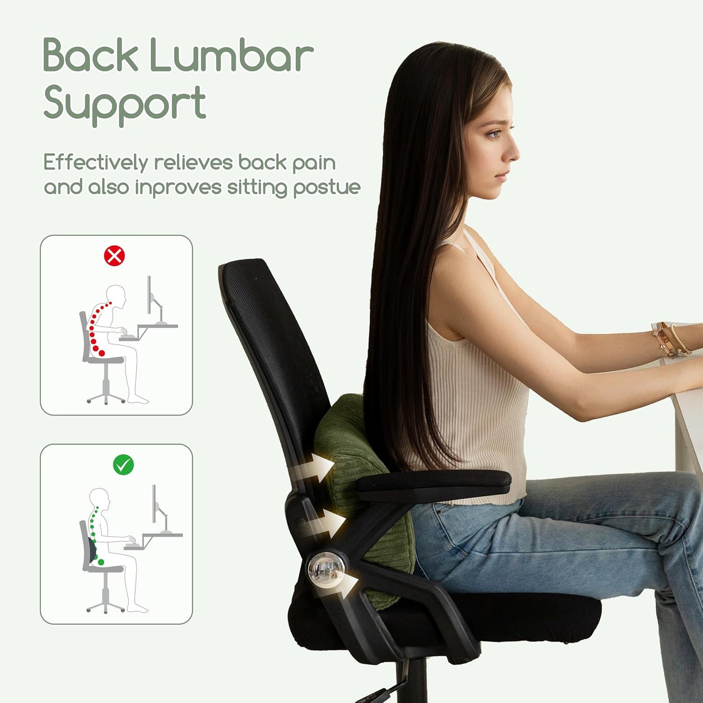 HIGOGOGO Lumbar Support Pillow for Recliner Chair/Accent Chair/Couch, Memory Foam Back Support Cushion for Elderly, Recliner Cushions for Back Rest, Pain Relief, Reading, Washable Cover, Dark Green