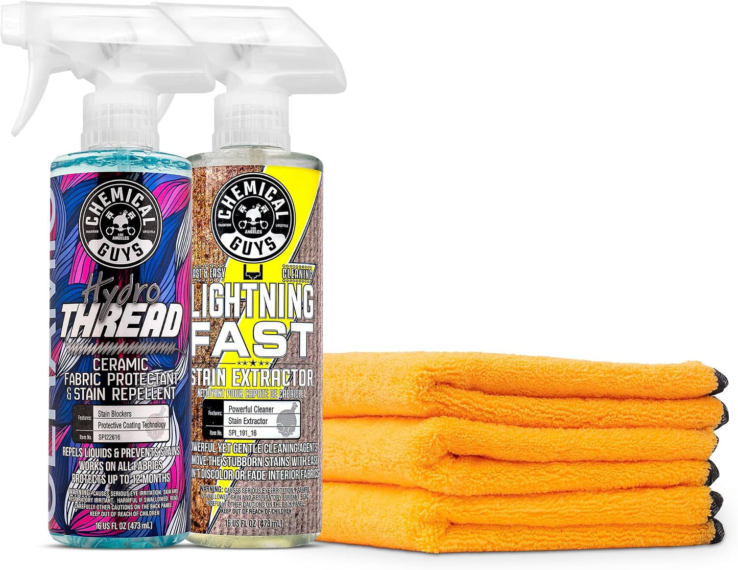 Chemical Guys SPI22616 HydroThread Ceramic Fabric Protectant & Stain Repellent + SPI_191_16 Lightning Fast Carpet & Upholstery Stain Extractor + MIC_506_03 Premium Microfiber Towels (16"x16")