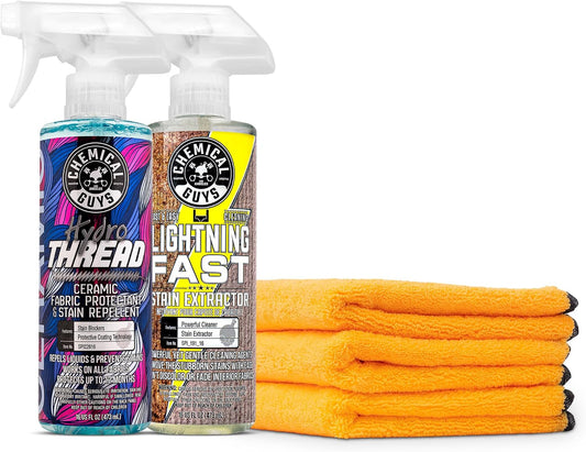 Chemical Guys SPI22616 HydroThread Ceramic Fabric Protectant & Stain Repellent + SPI_191_16 Lightning Fast Carpet & Upholstery Stain Extractor + MIC_506_03 Premium Microfiber Towels (16"x16")