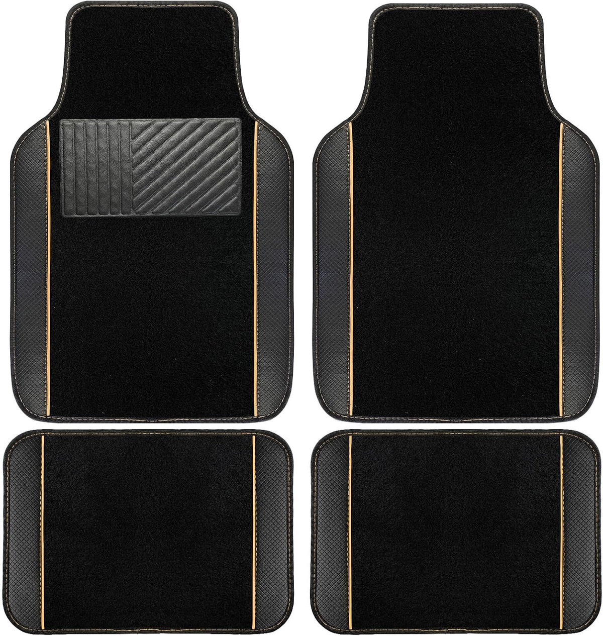 NBTEPEM Waterproof Universal Fit Car Floor Mats, Faux Leather Sporty Car Carpet Mats with Anti-Slip Nibbs Backing & Driver Heel Pad Fit for SUV, Vans, Sedans, Trucks, Set of 4 (Black with Beige line)