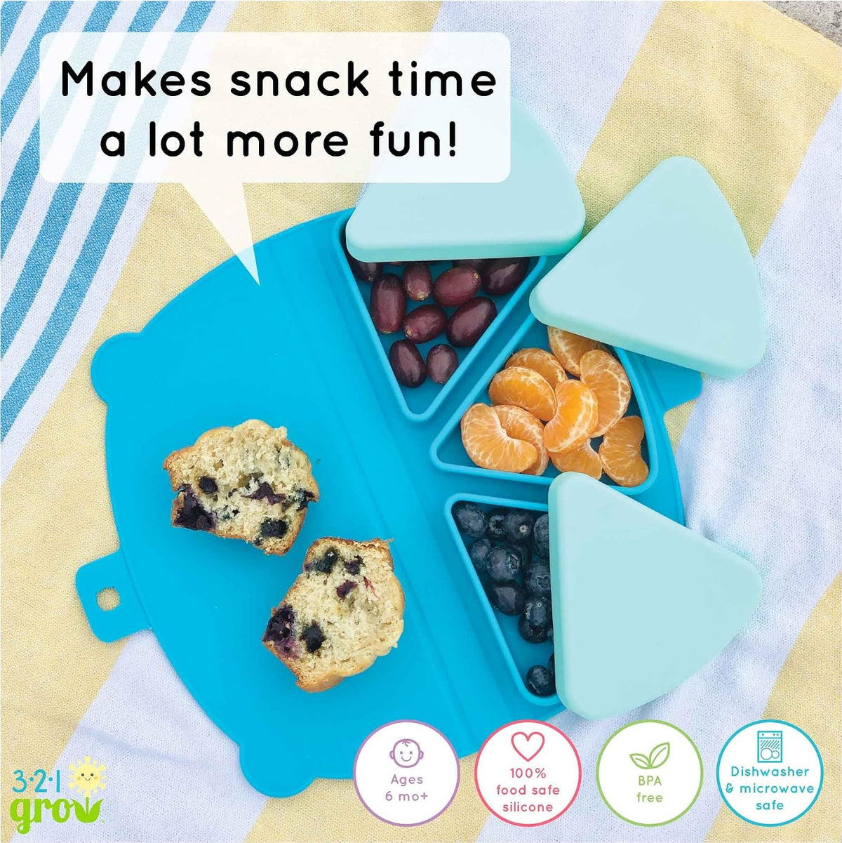 Silicone On-The-Go Snack Mat – Foldable Reusable Placemat with 3 Compartments and Lids – Travel-Friendly Baby and Toddler Snack Plate – Dishwasher Safe (Pebble)