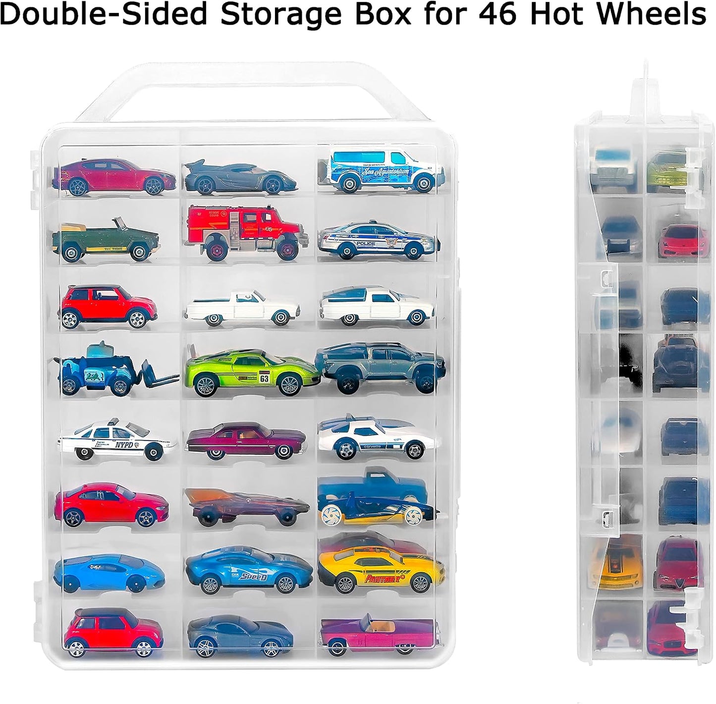 Double Sided Storage Case for 48 Toy Cars, Matchbox Cars, Portable Transparent Storage Case with 48 Compartments, Case Only (Transparent)…