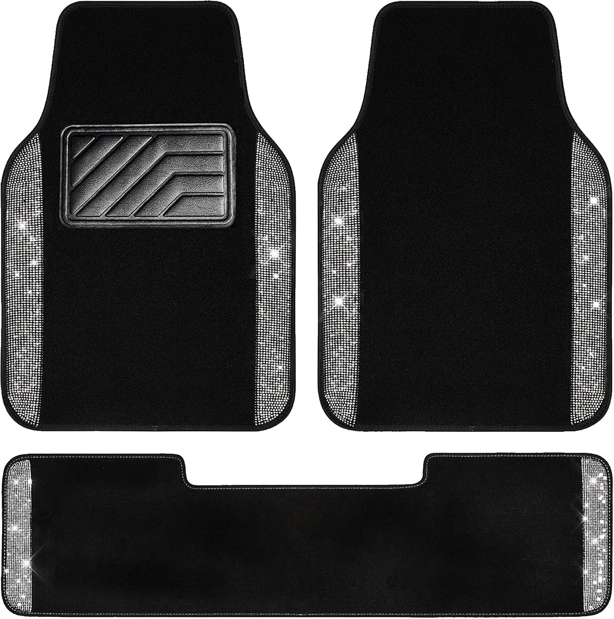 CAR PASS Bling Diamond Car Mats Shining Carpet Crystal Rhinestones Sparkly Glitter Floor Mats with Anti-Slip PVC Heel Pad Universal for Automotive SUV, Sedan, Van, 3pcs for Girl Women, Black Silver