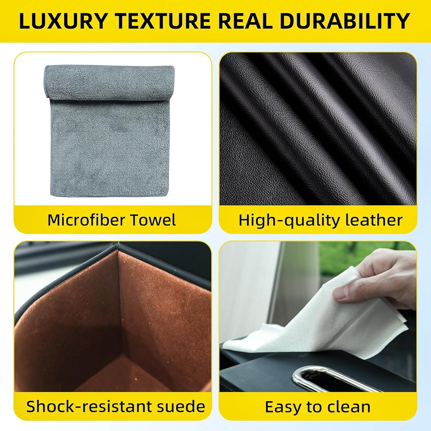 Back Seat Car Organizer with One Towel Leather Wood Materials Car Back Seat Storage Box 2 Drink Cup Holder Tissue Box for Hold Phone Drinks Handbag Compatible with Most Vehicles (Black)