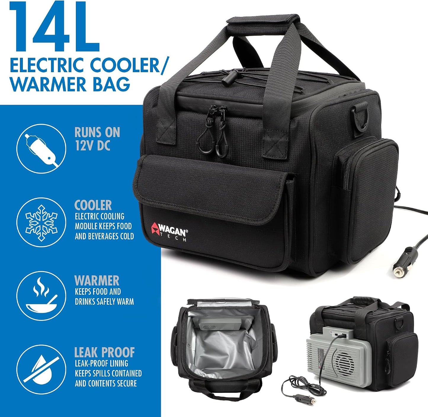 Wagan EL6234 14L Electric Cooler Warmer Bag 14 Liter Capacity Portable Thermoelectric Car Cooler with 12V DC, Soft-Sided Travel Cooler Warmer for Car, Truck, RV and Camping Use