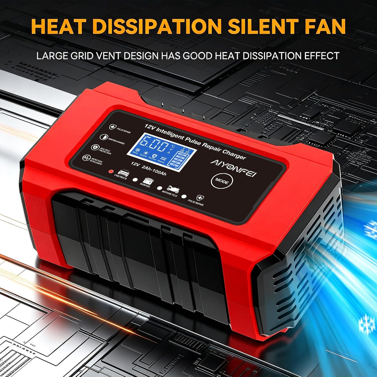 6A 12V Car Battery Charger Smart Maintainer Trickle Charger, Red