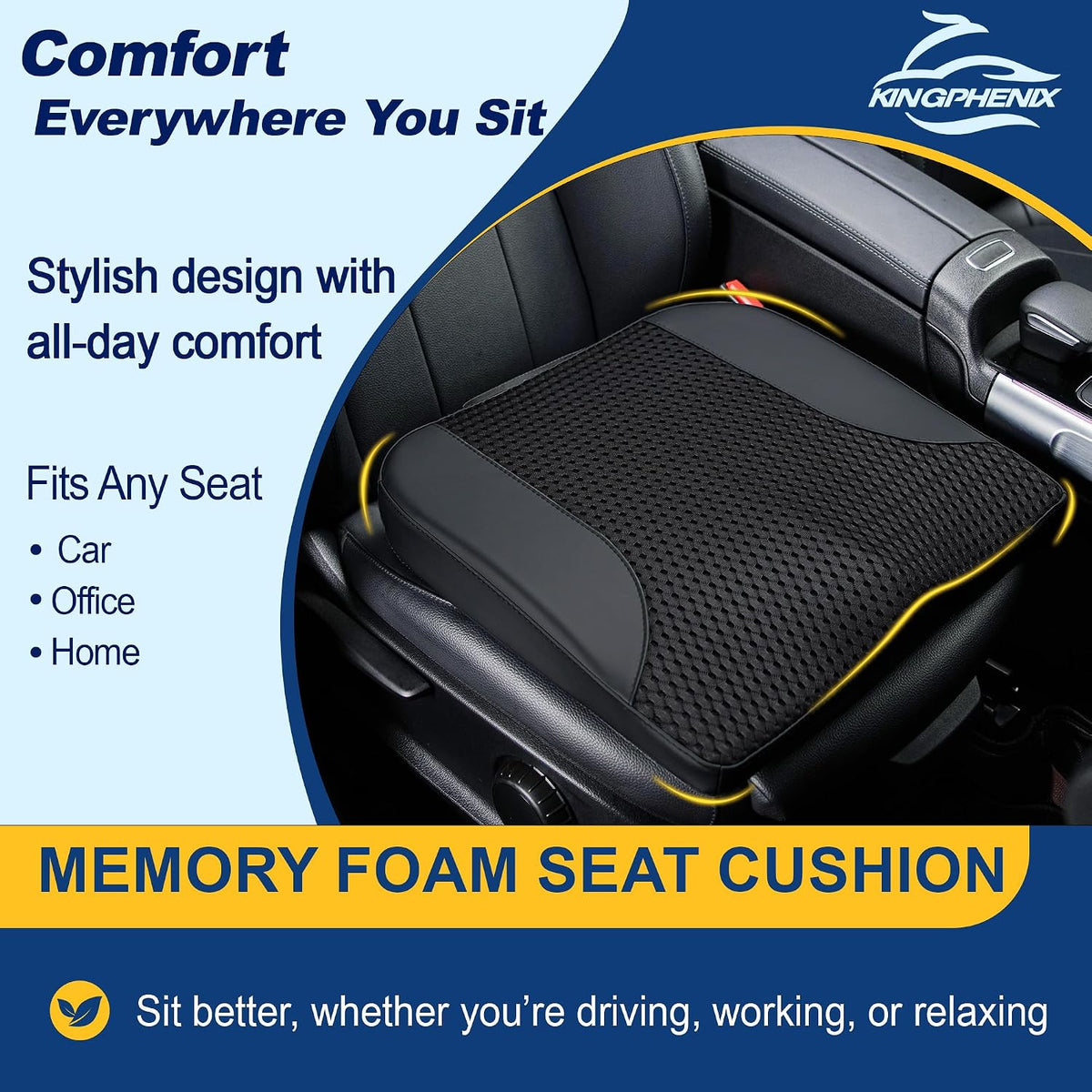 kingphenix Memory Foam Car Seat Cushion for Driving Comfort and Office Use