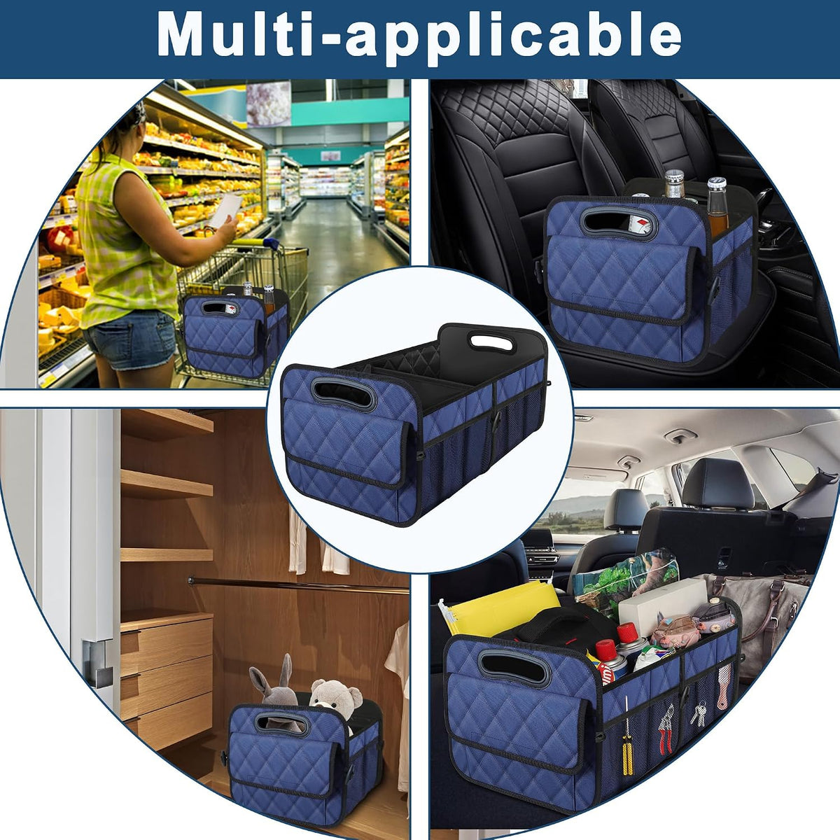 Deosk Car Trunk Organizer for SUV, Car Organizers and Storage with Reinforced Handles, Car Accessories for Women/Men 50L Waterproof Polyester Trunk Organizer(Medium, Dark Blue)