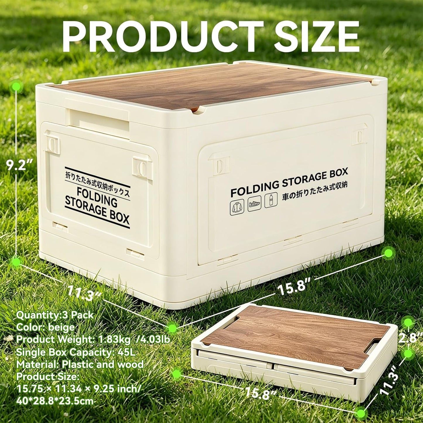 24L Collapsible Storage Bins with Wood-Look Lids, Stackable Utility Storage Containers with Wheels and Handles, Large Folding Storage Boxes for Organizing Tools, Snacks, Books, Drinks, Camping