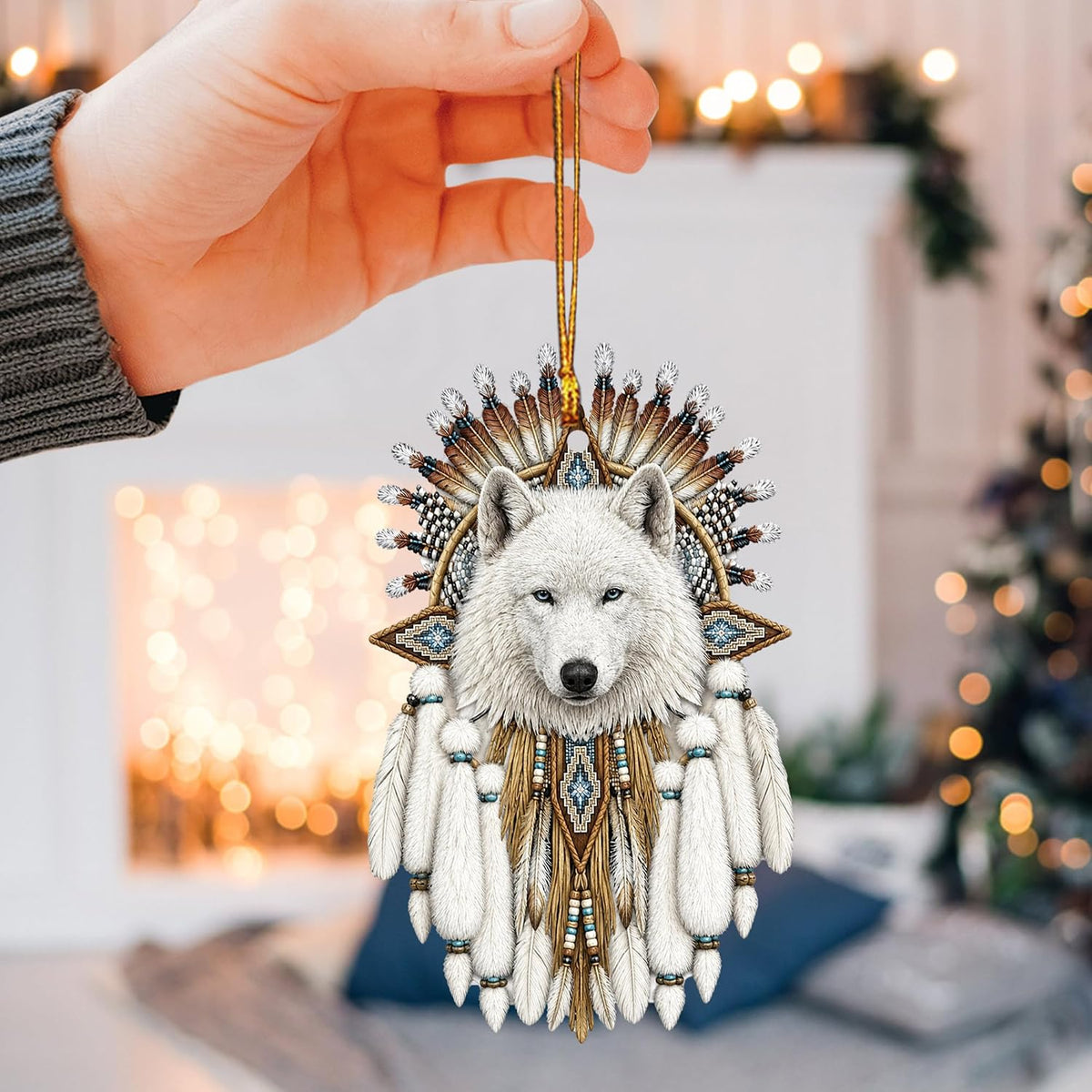 Talataca Native American Indigenous Us Indian Dreamcatcher White Wolf 2D Flat Car Rear View Mirror Accessories Christmas Tree Ornament Decoration Hanging Charm Interior Rearview Pendant Decor Gift