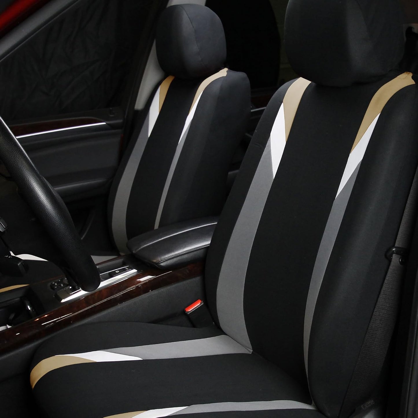 FH Group Front Set Cloth Car Seat Covers for Low Back Car Seats with Removable Headrest, Universal Fit, Airbag Compatible Seat Cover for SUV, Sedan, Van, Beige