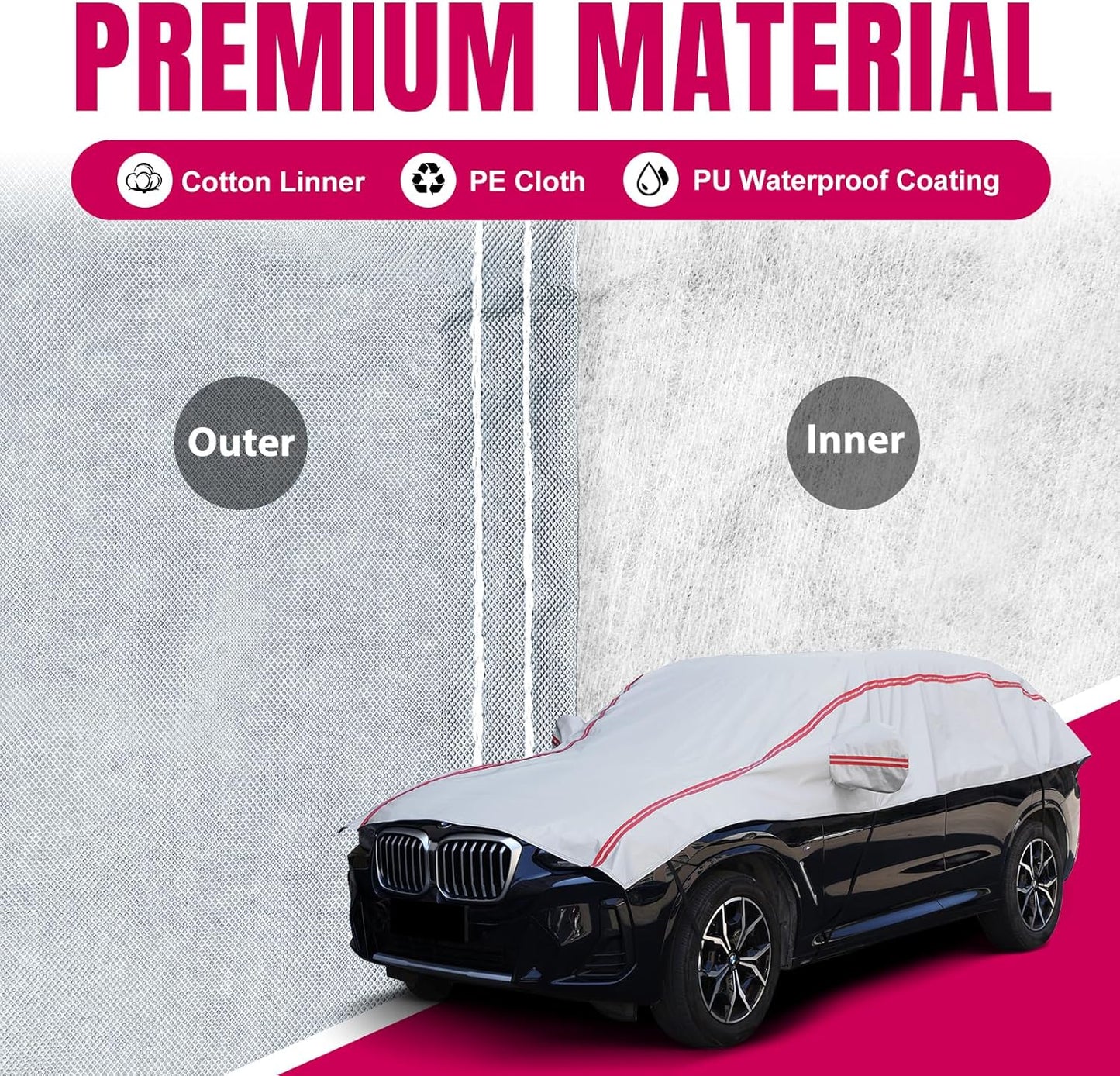 Half Car Cover Sedan,Top Cover with Red Reflective Strip, Hail Protector Car Cover with Cotton Liner, Sunroof & Windshield Cover for Ice and Snow, All Weather Car Body Cover for Sun, Rain, Dust