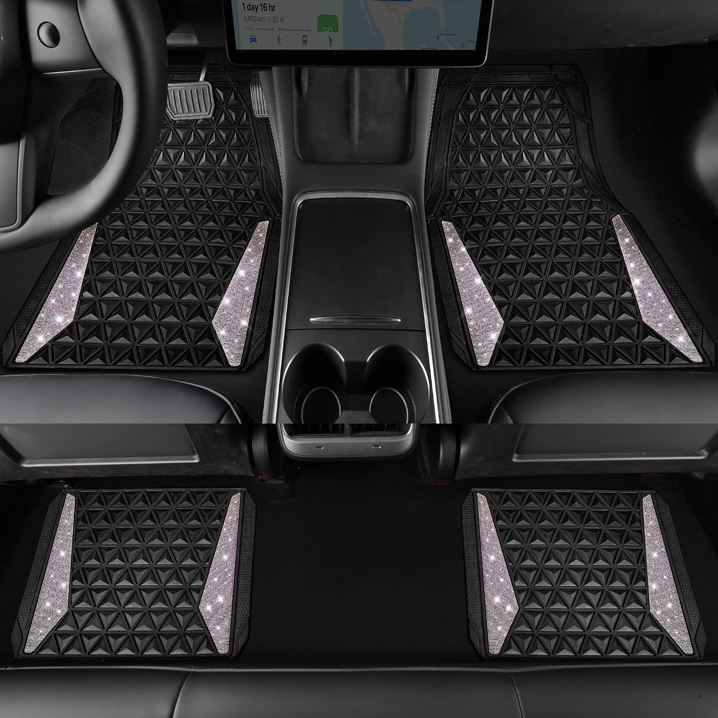 CAR PASS Bling Diamond Car Mats Rubber Floor Mats Full Set Anti-Slip 3D Rhombus Waterproof Trim Fit Liner Universal Glitter Crystal Sparkly Shining Rhinestone Girl Women SUV Sedan, Multicolor Diamond