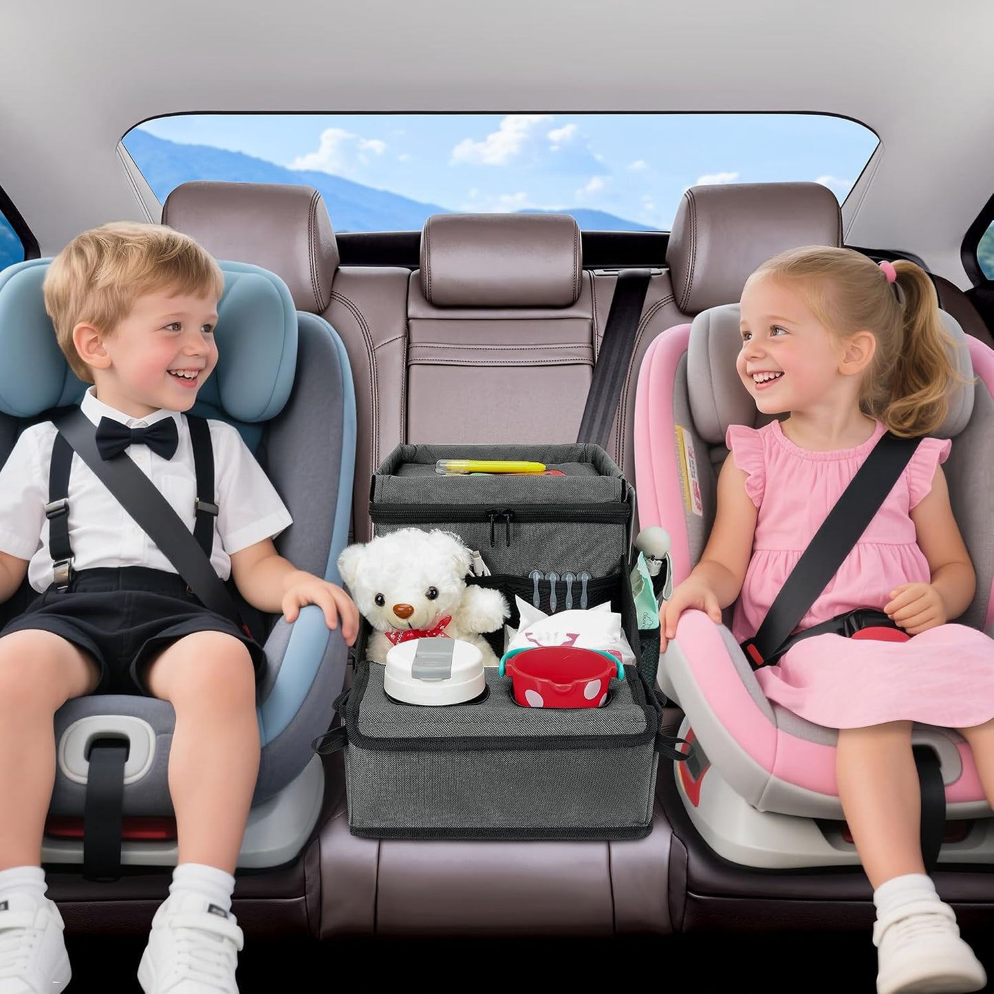 Backseat Organizer for Kids & Adults – Car Seat Cooler Warmer with 2-in-1 Writing Tray, Cup Holders & 11 Storage Compartments | Road Trip Car Organizer for Front & Back Seat (Grey)
