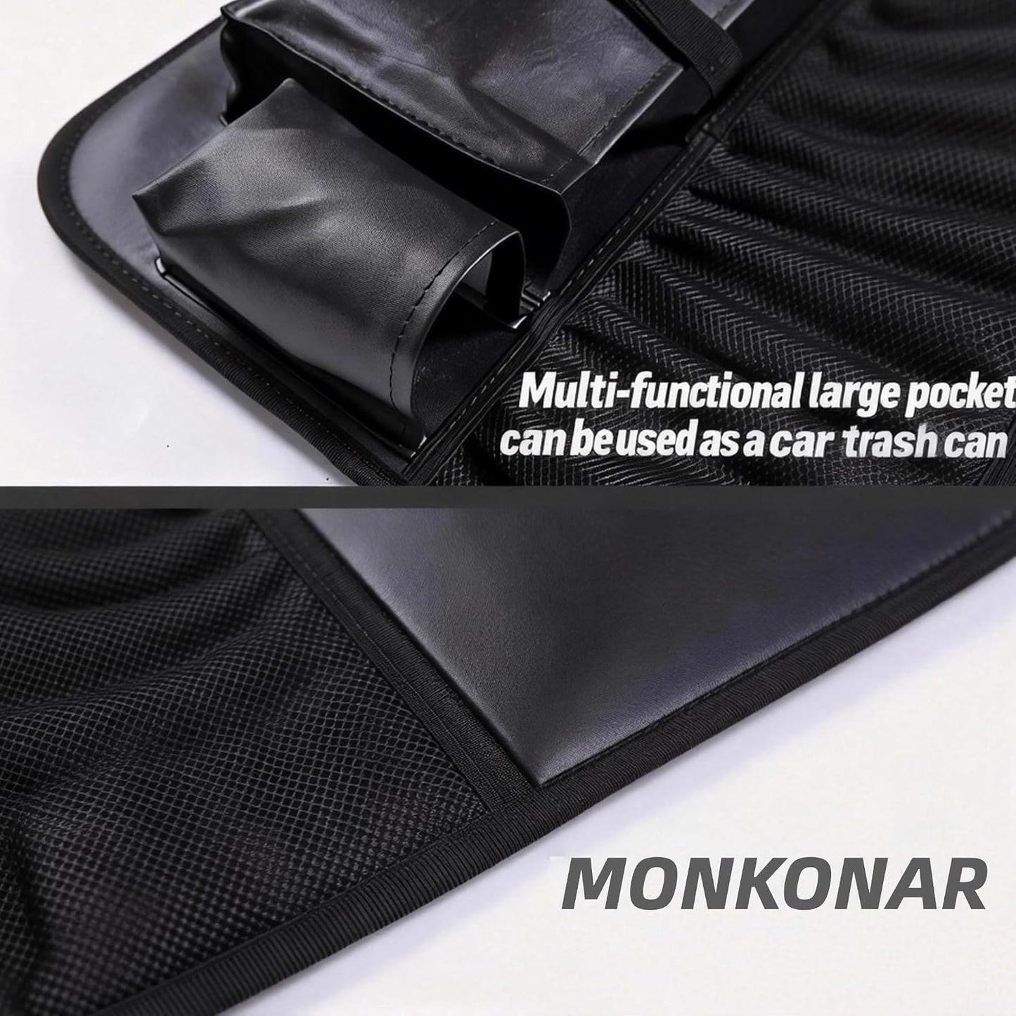 Leather Car Backseat Organizer with Tablet Holder - 9 Large Storage Pockets, Foldable Food Tray & Anti-Scratch Kick Mats - Universal Car Seat Protector for Kids, Pets & Travel Accessories 1 Pack