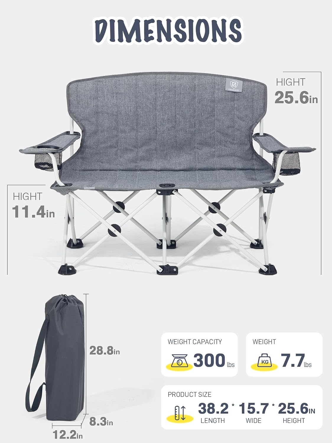 EVER ADVANCED Kids Double Camping Chair with Cupholders Safety Lock, Padded Kids Folding Chair Outdoor with Mesh Pocket, Lightweight Portable Two Person Loveseat for Beach, Supports 300lbs, Grey