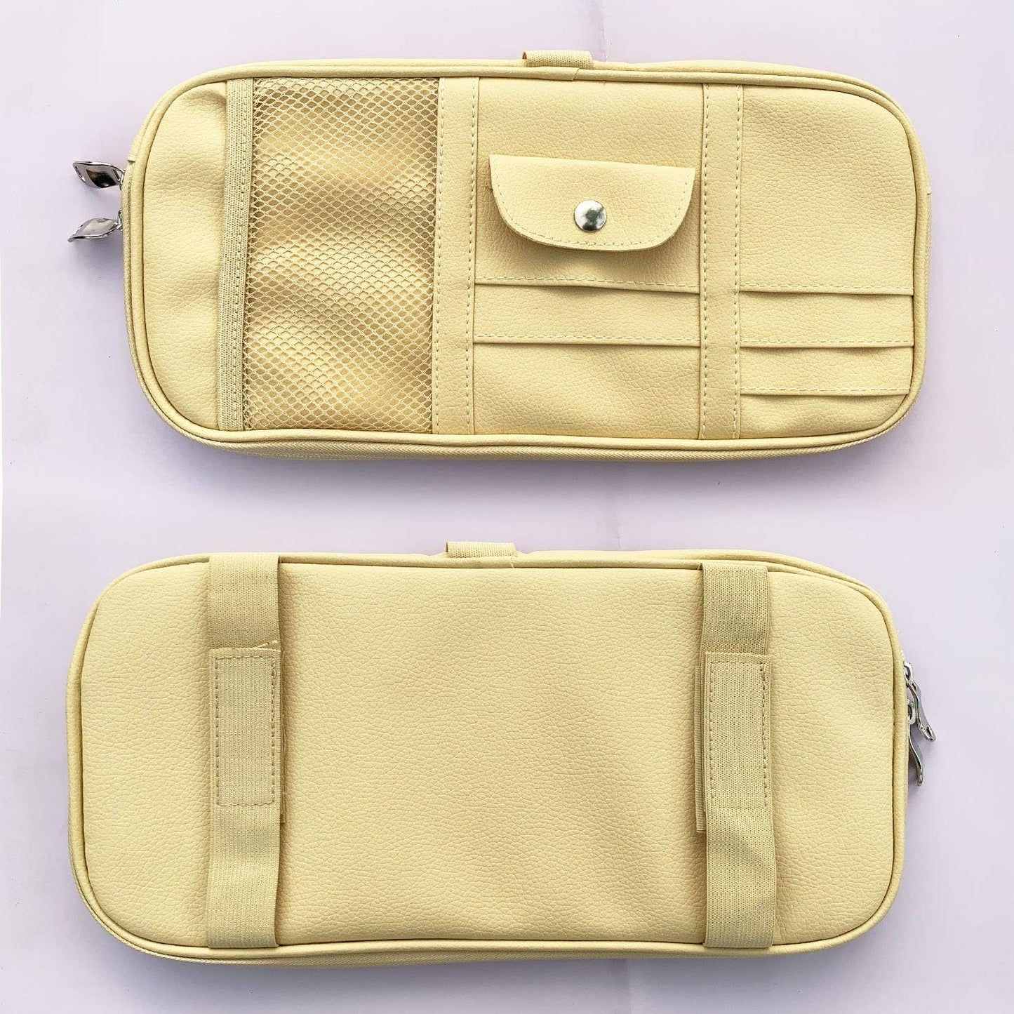 Da by Car Sun Visor Organizer, Multi-Pocket Visor Organizer Storage Pouch for Cars, SUVs & Trucks with Double Zippers, Elastic Bands & Glasses Clip- Organizes Essentials Keep Tidy (Beige Light Yellow)