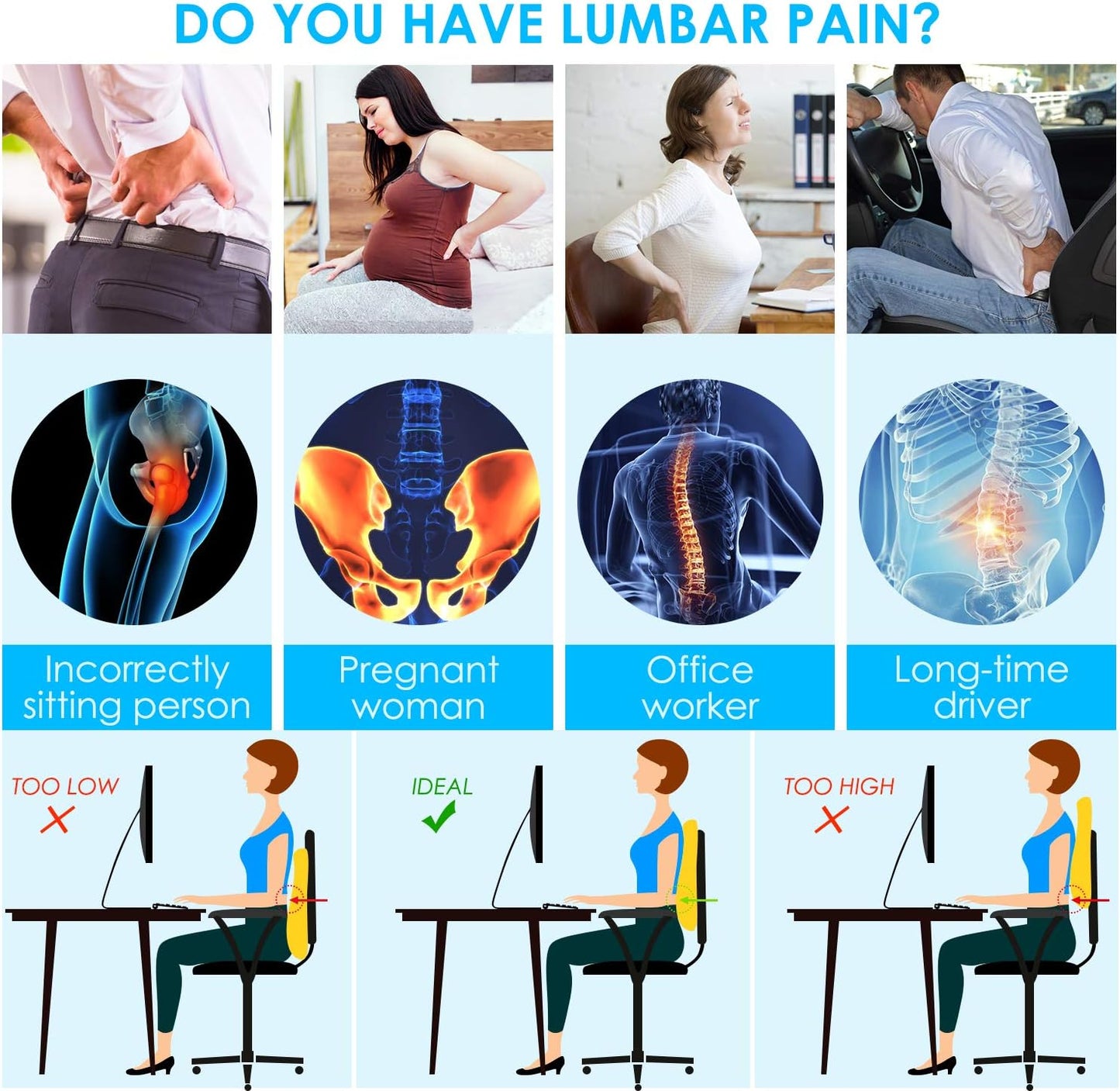 Niceeday Lumbar Support Pillow for Office Chair Car Back Support Pillow, Memory Foam Gaming Chair Desk Chair Back Cushion for Lower Back Pain Relief, Ergonomic Back Rest,Office Home Essentials