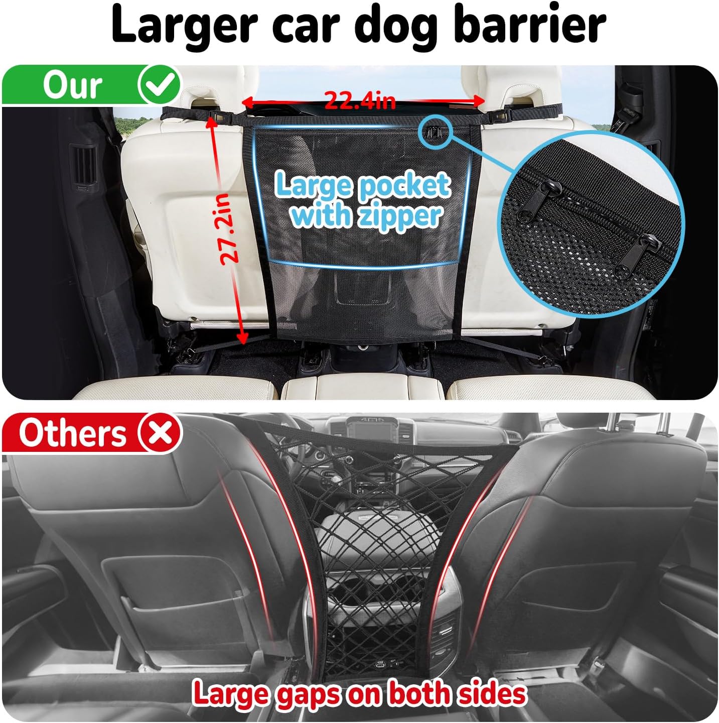 Dog Car Barrier,Pet Barrier with Larger Zipper Organizer Storage,Car Divider Net for Dogs,Dog Barrier for Car/SUV/Truck