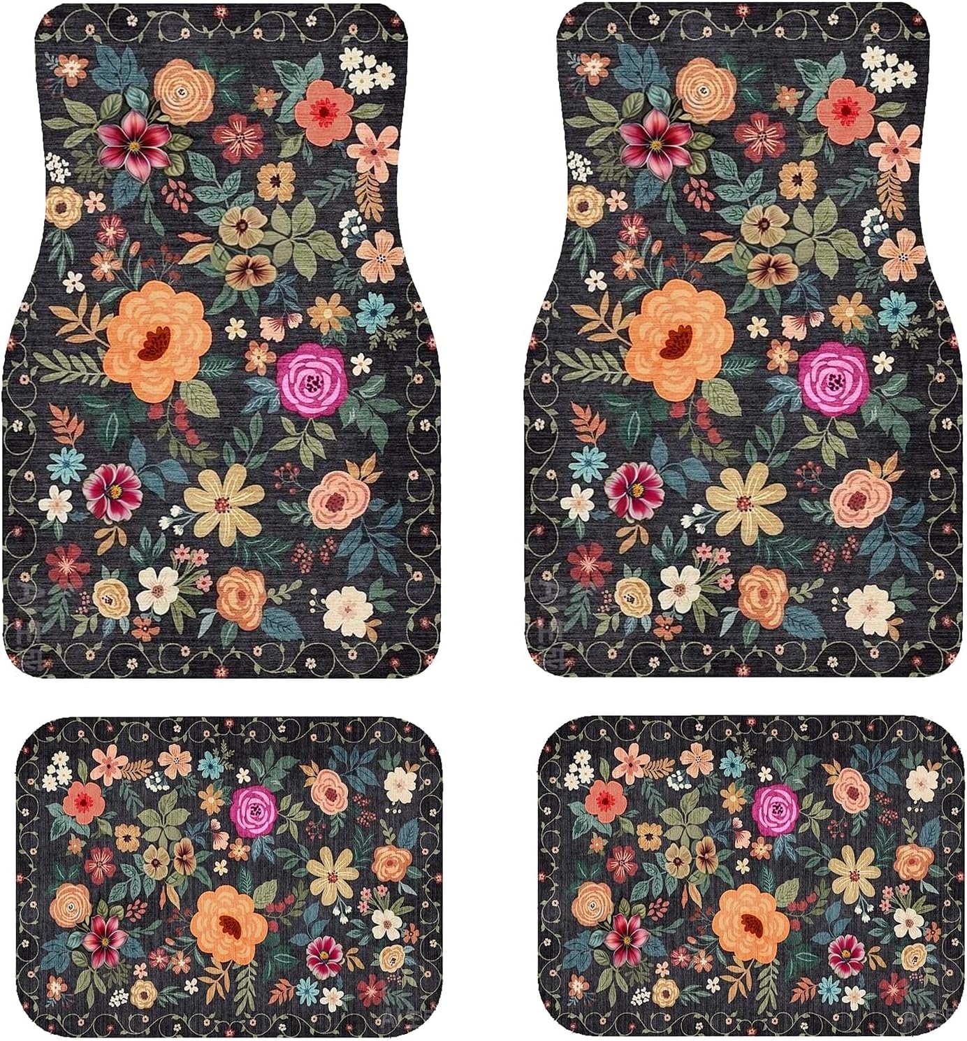 Premium Linen Boho Car Floor Mats Full Set, Vintage Floral Design | Waterproof & non-slip all-weather mats, universal fit for SUV Sedan, luxury car interior accessories for men and women