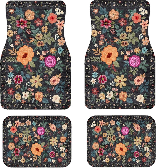 Premium Linen Boho Car Floor Mats Full Set, Vintage Floral Design | Waterproof & non-slip all-weather mats, universal fit for SUV Sedan, luxury car interior accessories for men and women