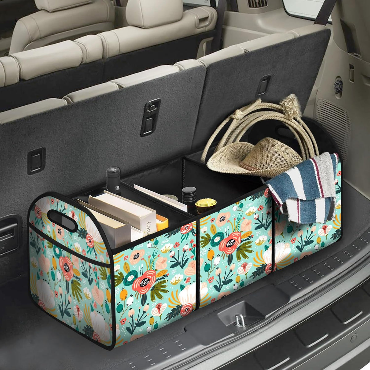 Flower Car Trunk Organizer Storage Box Collapsible Non-Slip Automotive Organizer Vehicle Organization