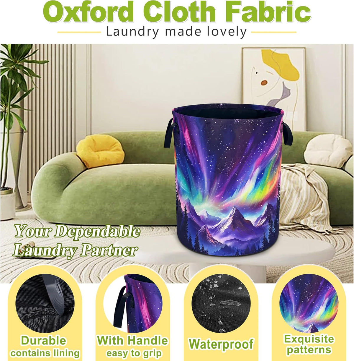 Aurora Mountains Laundry Basket Night Sky Forest Foldable Oxford Cloth