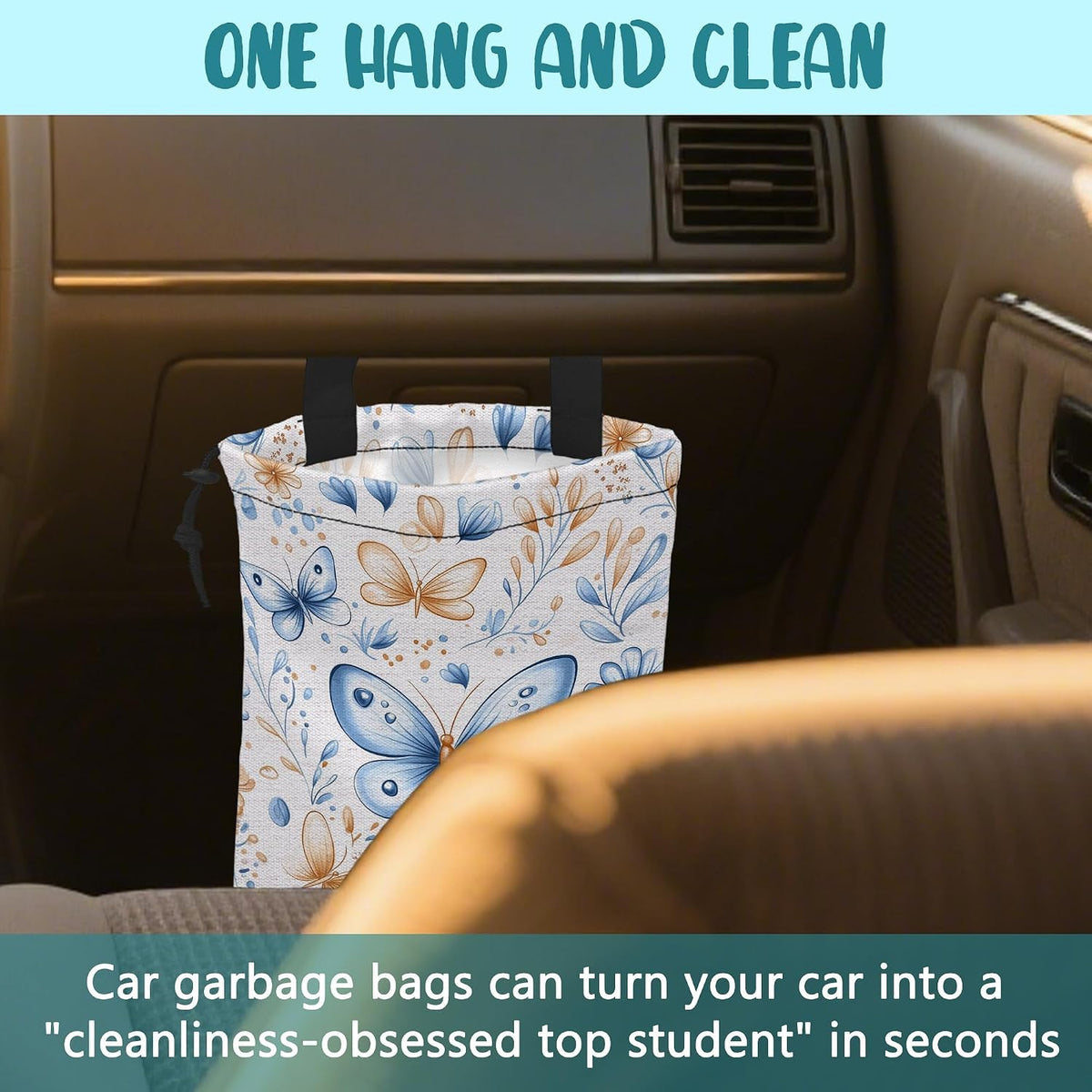 Car Garbage Bag Watercolor Blue Butterfly Hanging Canvas Car Trash Bag Drawstring Car Back Seat Organizer for Car Back Front Seat Console with Adjustable Buckle