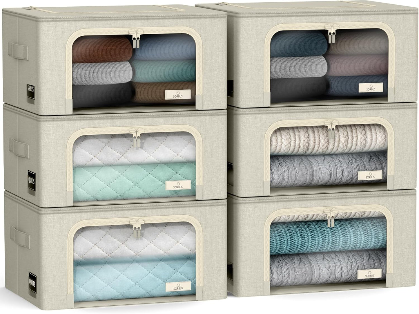 Sorbus® Storage Bins Boxes, Foldable Stackable Container Organizer Basket Set with Large Clear Window & Carry Handles, for Bedding, Linen, Clothes (Brown)