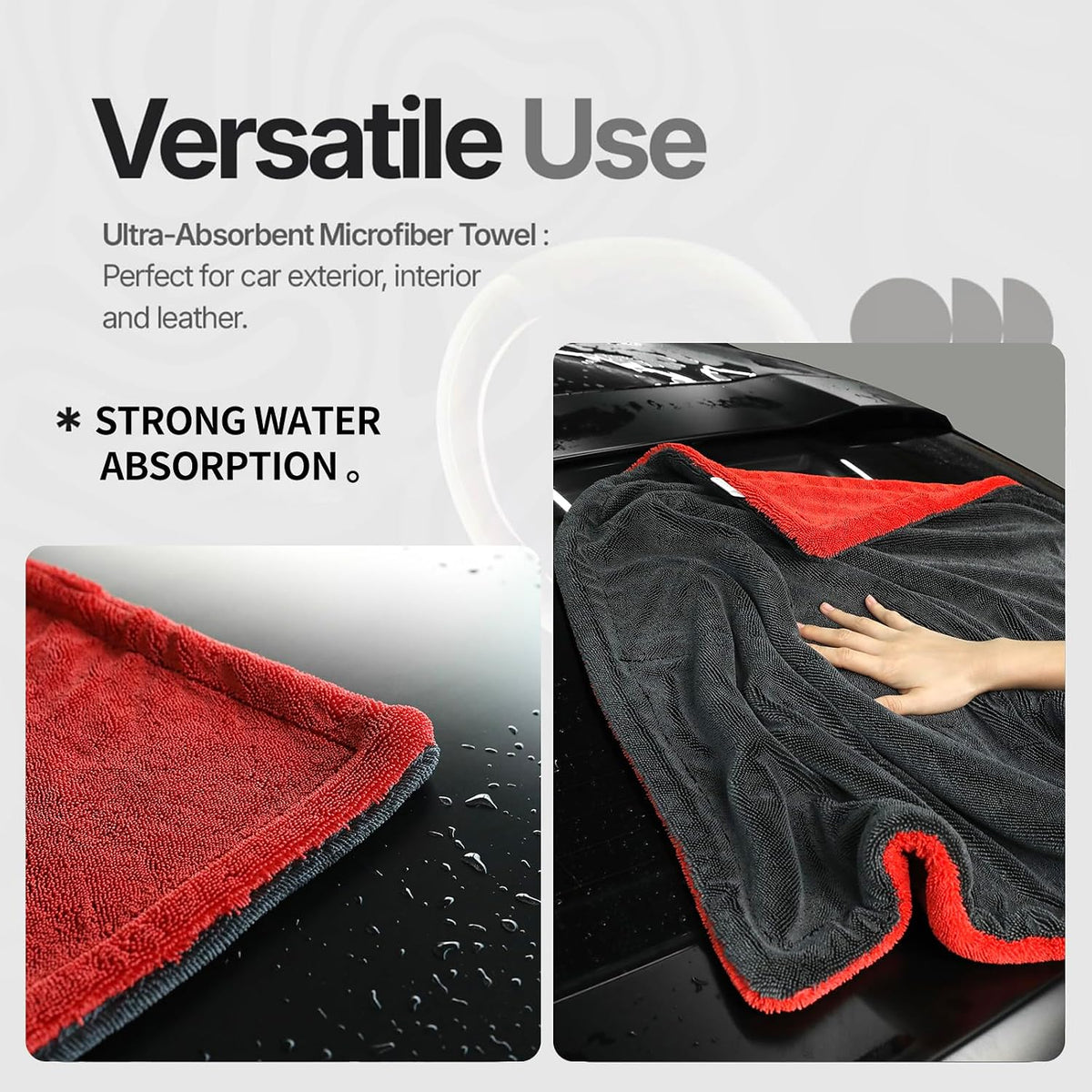 1400 GSM Car Drying Towel - 24x36 Inch Microfiber Twist Loop Towel for Cars, Ultra Absorbent Auto Detailing Towel, Scratch Free Streak Free, Red & Grey, 1 Pack