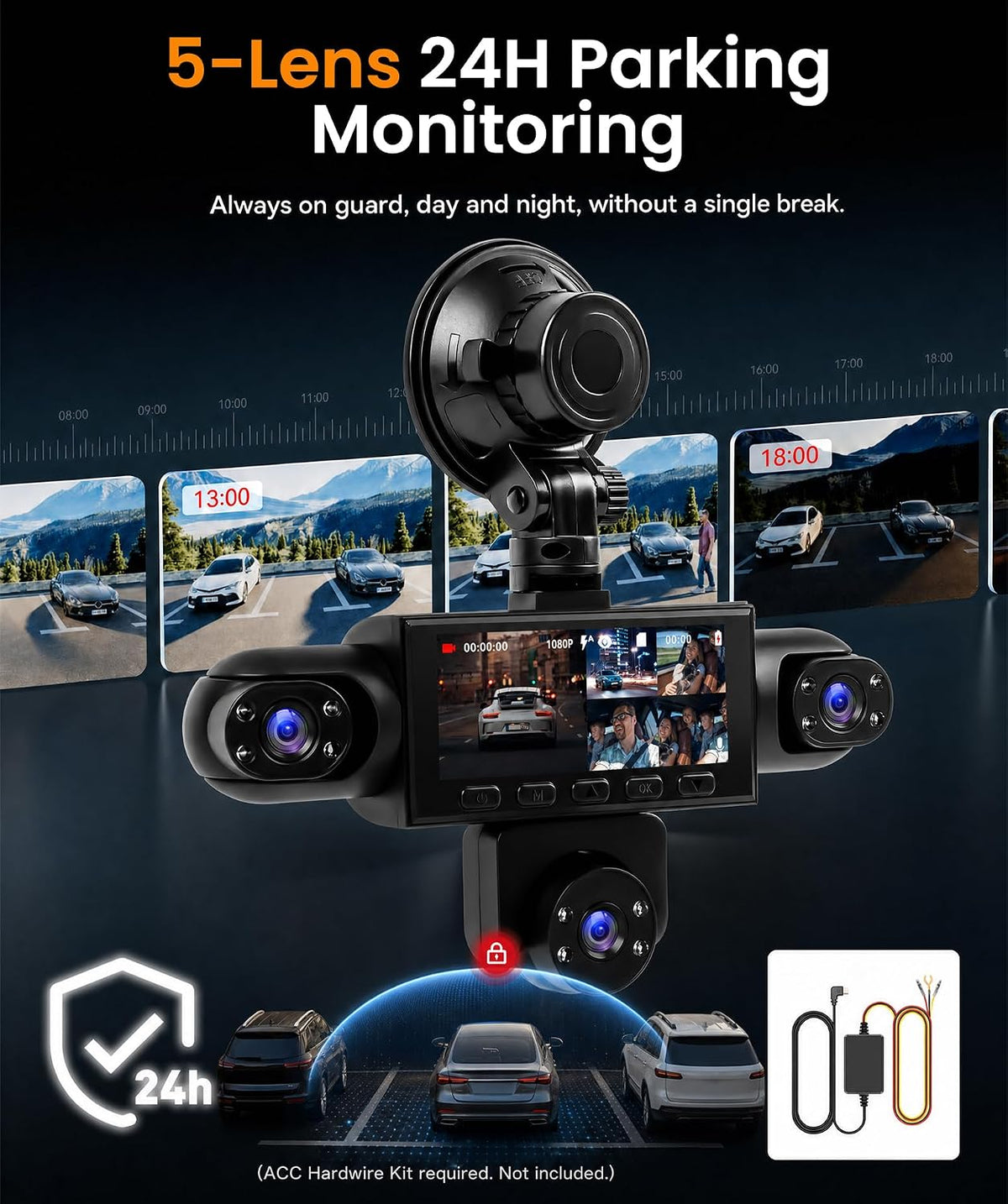 360° 5 Lens Dash Cam Front and Rear Inside Left Right, 1080P Dash Cam for Cars,3 Inch Dashcams with 10 Modes Loop Recording Night Vision Motion Detection 24H Parking Monitor Reversing Assistance