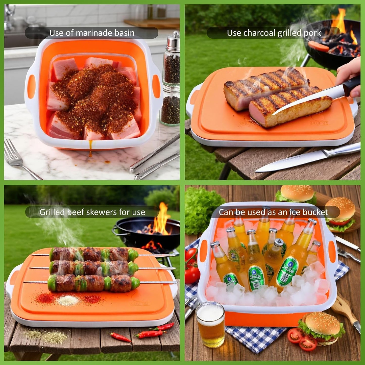 Collapsible BBQ Prep Tub with Lid & Cutting Board 16L - XL Meat Marinating Basin & Grill Carry System - 5pc Set with Heat Resistant Gloves, Basting Brush & Spatula(Orange, Large, 16L)