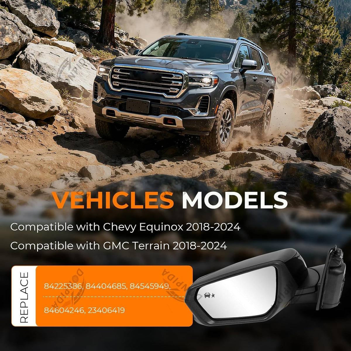 Left Driver Side Mirror Assembly Compatible with Chevy Equinox GMC Terrain 2018-2024 with Heated, Blind Spot Monitor, Turn Signal & Power Adjustable Glass Replaces 84225386 (8 Pins）