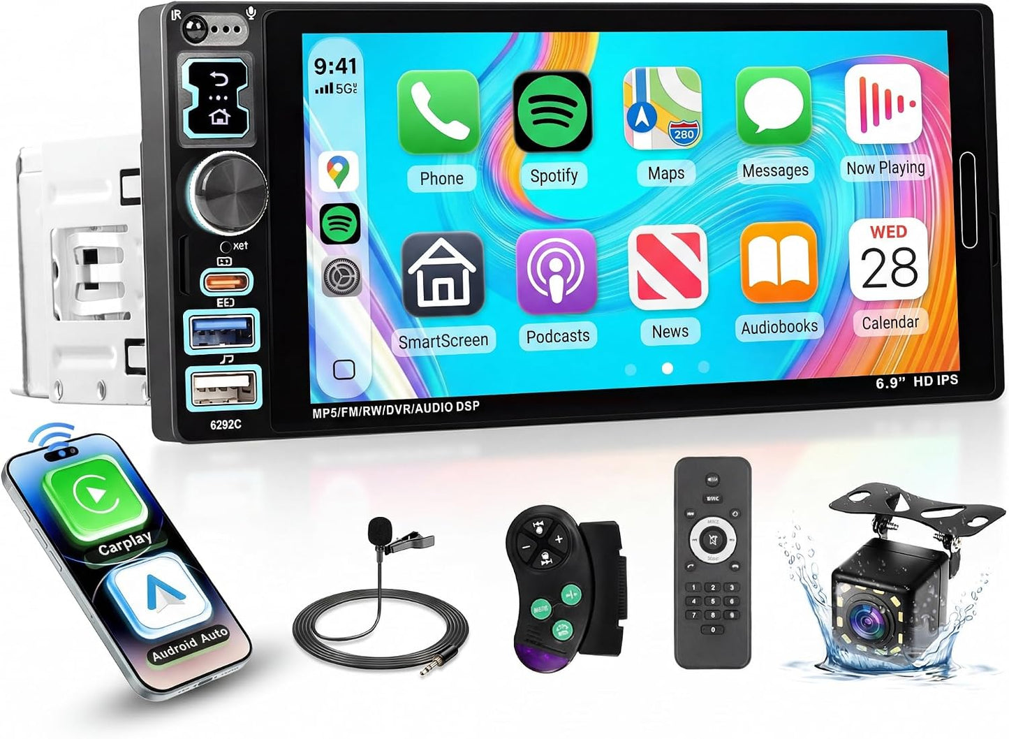 Single Din Car Stereo with Wireless CarPlay & Android Auto, 6.28" Incell Touchscreen Car Radio, Bluetooth, FM, USB, SWC, EQ, Backup Camera Included, 1 Din Car Audio Receiver
