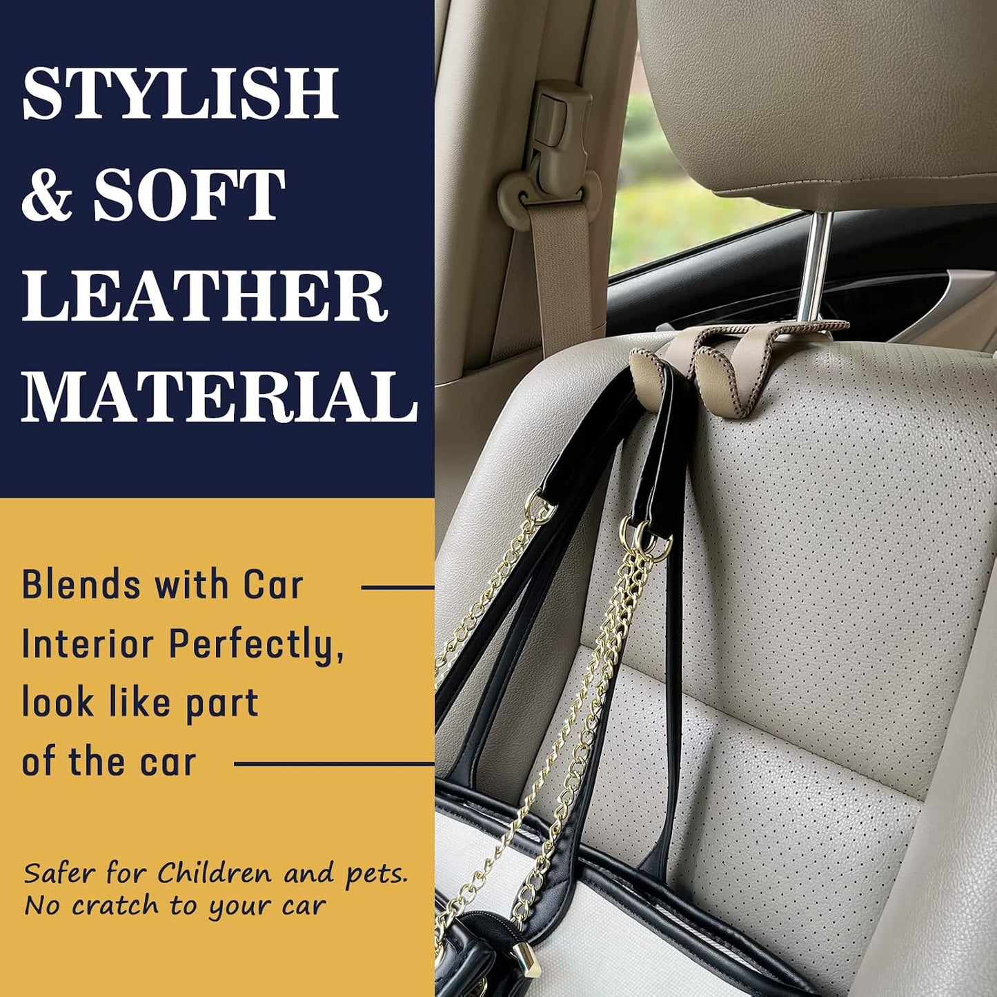 Upgraded Headrest Hooks for Car, 2 in 1 Back Seat Purse Holder Hook Genuine Leather Head Rest Hangers Vehicle Organizer Accessories for Hanging Grocery Bags, 1 Pack, Beige