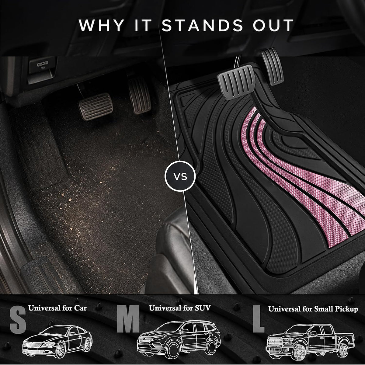 Road Comforts Car Floor Mats Full Set – Front & Rear Car Floor Mats with Aluminum Design, Anti-Slip Backing, All-Weather Protection, Trim-to-Fit Car Mats for Most Sedans, SUVs & Vans - Pink
