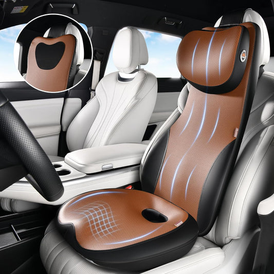 Coverado Car Seat Cushion and One Piece Lumbar Support with Adjustable Neck Cushion for Car, Ergonomic Memory Foam Car Back Support, Truck Seat Cushion for Sciatica Back Neck Pain Relief, Blackbrown