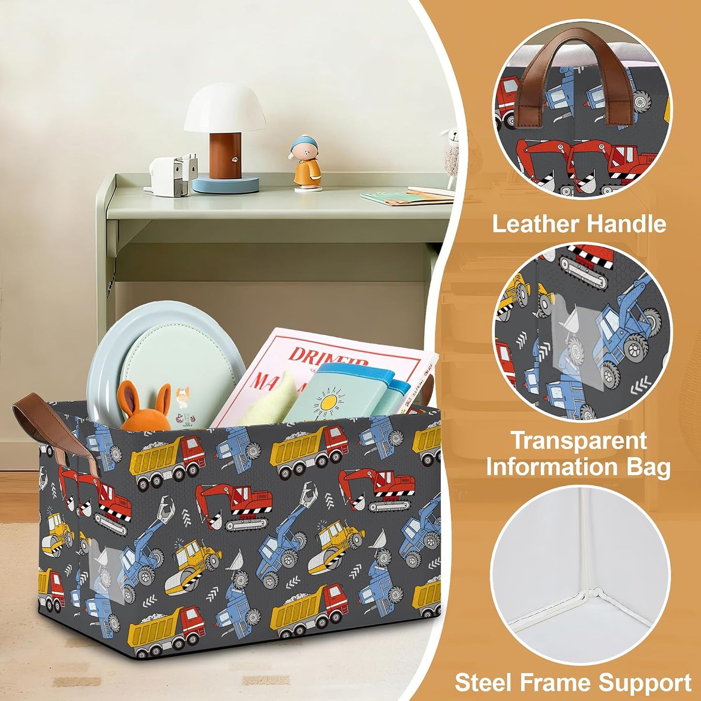 Storage Bins with Handles, Oxford Cloth Storage Basket with Sturdy Frame, Excavator Car Collapsible Organizer for Closet, Shelf, Clothes, Towels, Home Storage