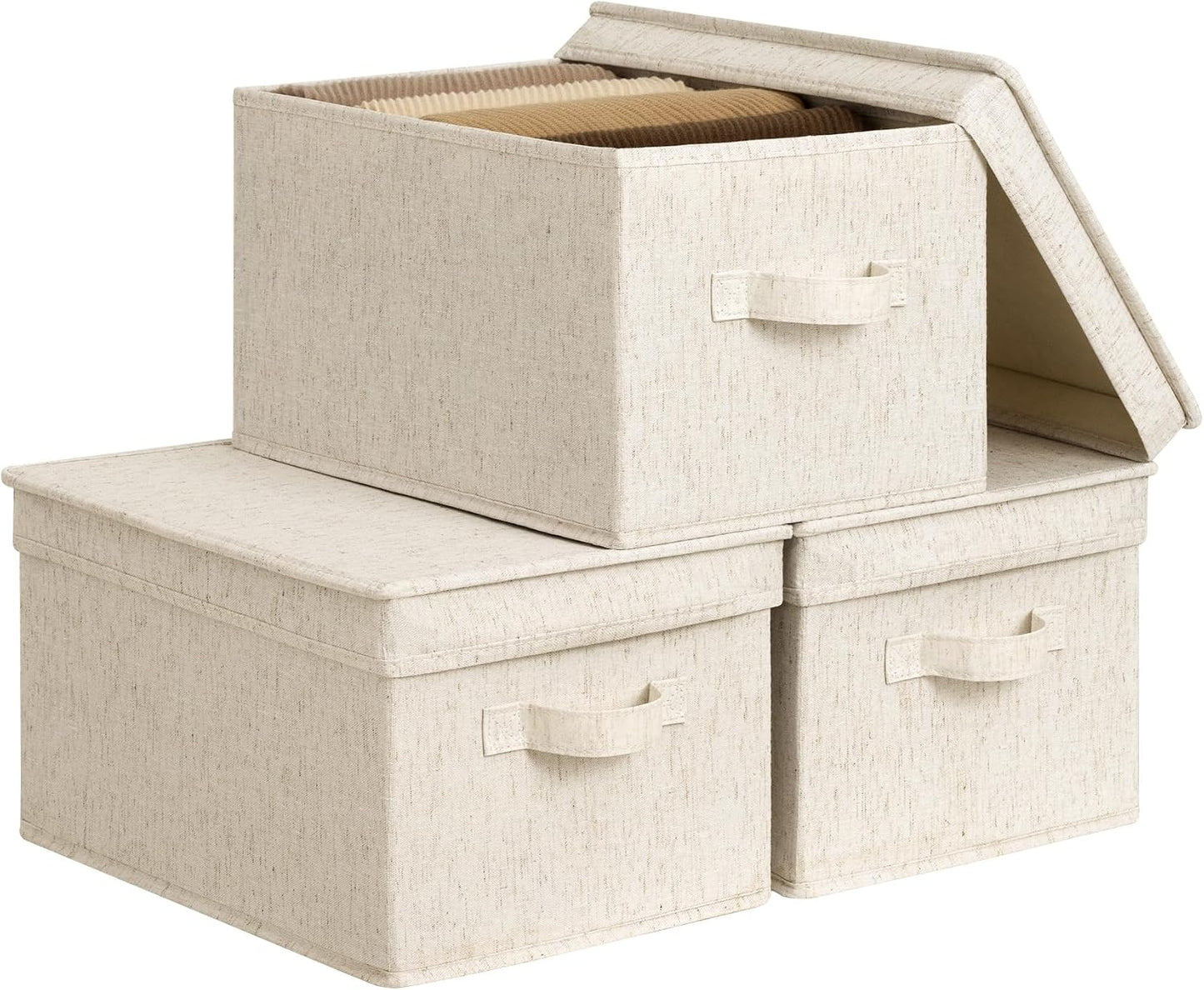 StorageWorks Fabric Storage Bins with Lids, Decorative Storage Bins with Soft Handles, Foldable Storage Baskets for Closet, Shelves, Stackable and Sturdy Organization, Beige, Large, 3-Pack