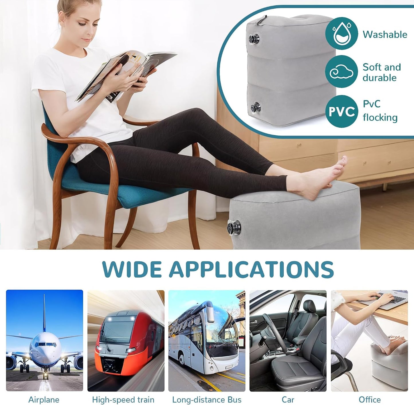 Inflatable Travel Foot Rest Pillow, Adjustable 3 Layers Height Leg Rest Pillow, Kids Airplane Bed, Adults Travel Essentials on Plane, Trains, Cars, Office, Home (Grey, 1 PC)