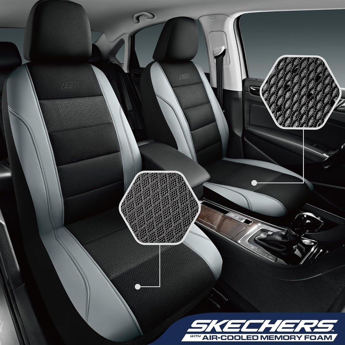 Skechers Air-Cooled Seat Covers, Memory Foam Car Seat Covers Front Seats, Airbag Compatible,Universal Fit for Most Cars, SUVs, Vans and Trucks,Grey