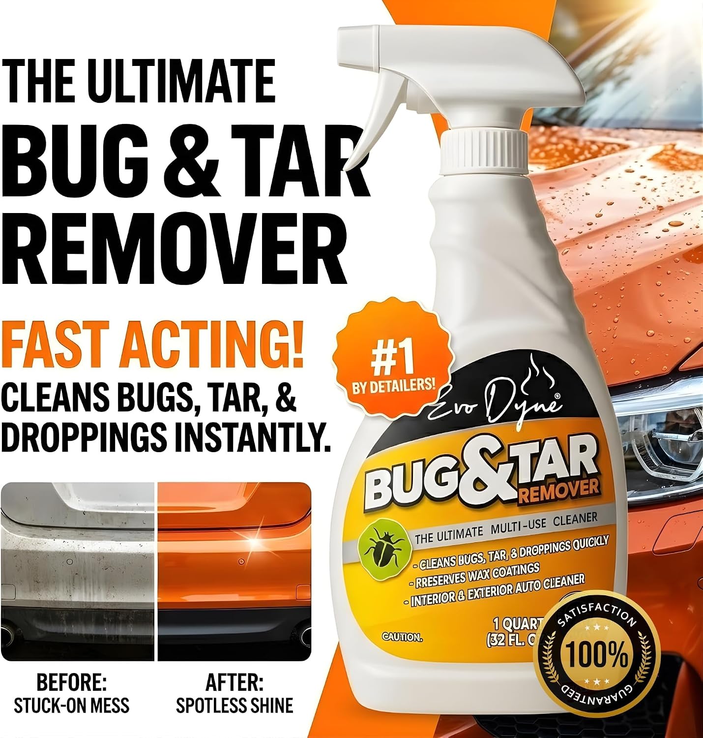 Evo Dyne Bug Remover for Car Detailing (32 fl oz Per Bottle), Made in the USA - Car Interior Cleaner Removes Tar, Droppings, Guts, Dirt, Grease | Ultimate Tree Sap Remover
