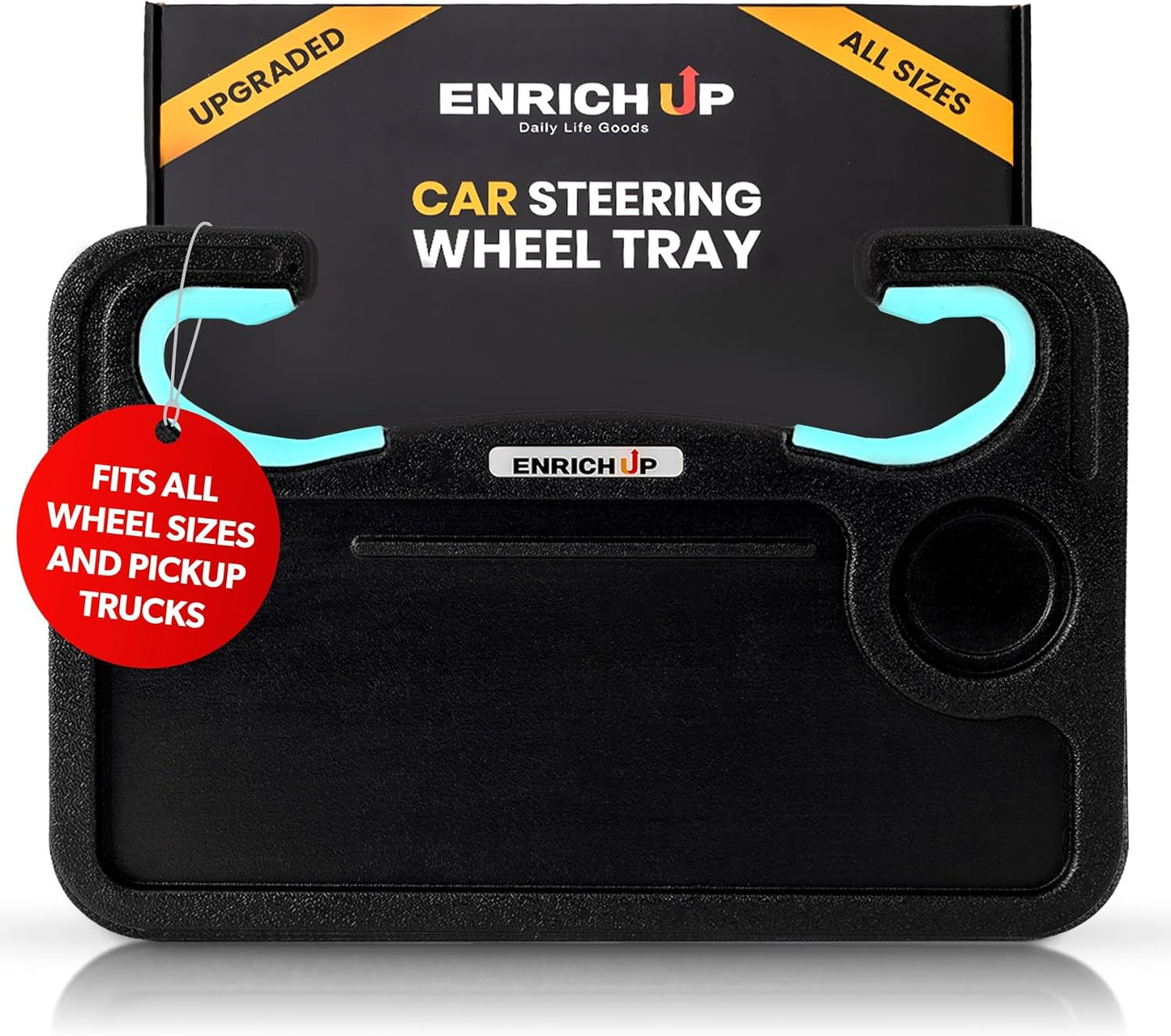 ENRICH UP 2-in-1 Steering Wheel Tray Table & Car Desk - Mint Ring | 2-in-1 steering wheel tray for parked laptop work, meals, cup holder use, wheel covers, pickups, SUVs, and travel breaks