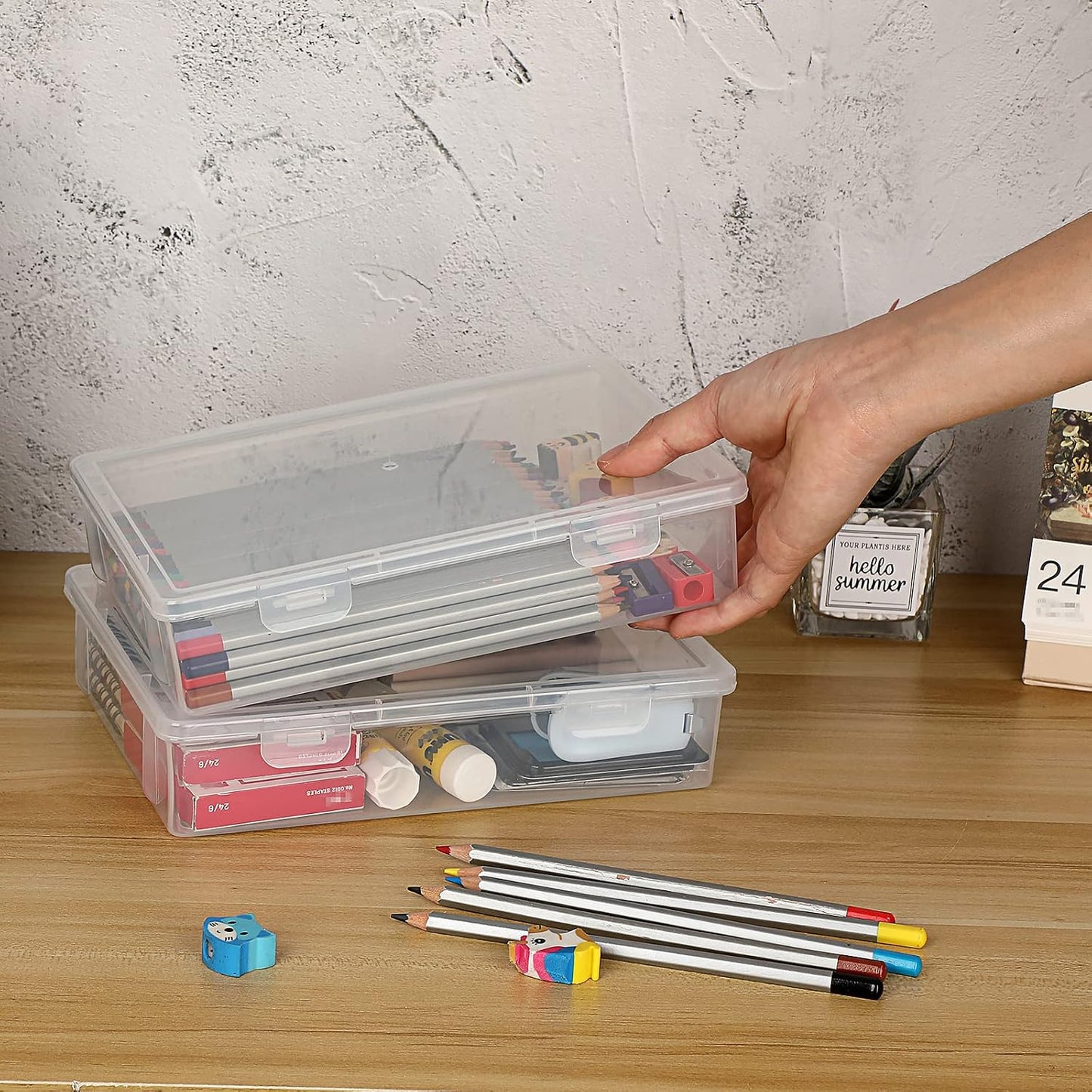 BTSKY Clear Plastic Storage Box with Flap Lid, Multipurpose Craft Organizers and Storage Box Art Supply Storage Organizer Plastic Sewing Box for Beads Pencils Notebooks, 2 Pack Small