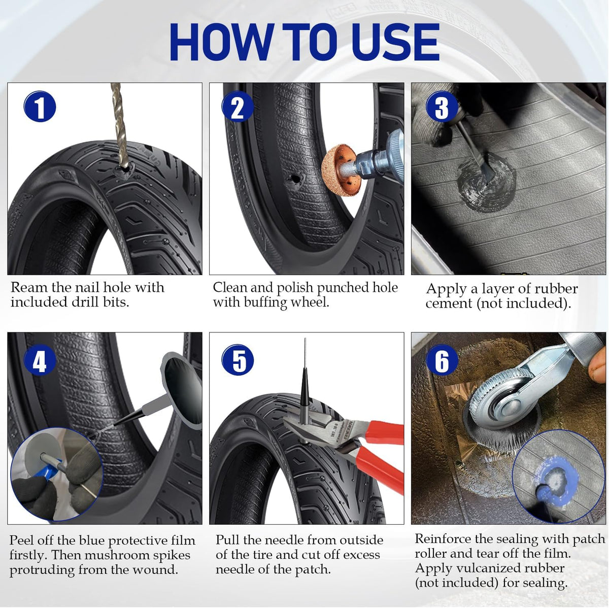 Tire Repair Patch Tool Kit Including 24pcs Tire Patch Plugs, Tungsten Buffing Wheel, Tire Patch Roller with 4mm Twist Drill Bits for Vehicle