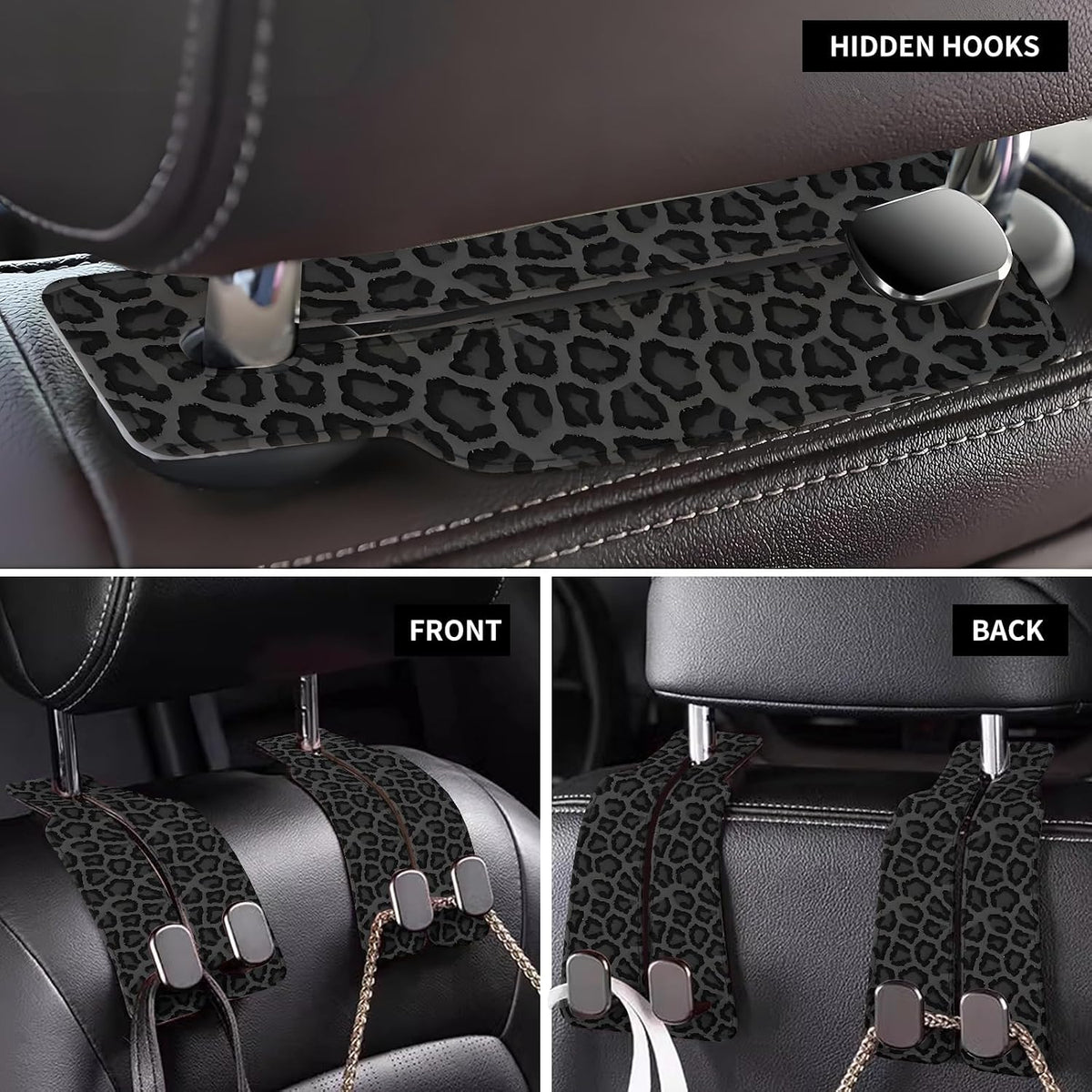 Car Seat Back Storage Headrest Hook, Premium Leather Double Metal Hook, Hanger Storage Organizer for Purse Cloth Bag, Car Interior Accessories Cute Black Leopard