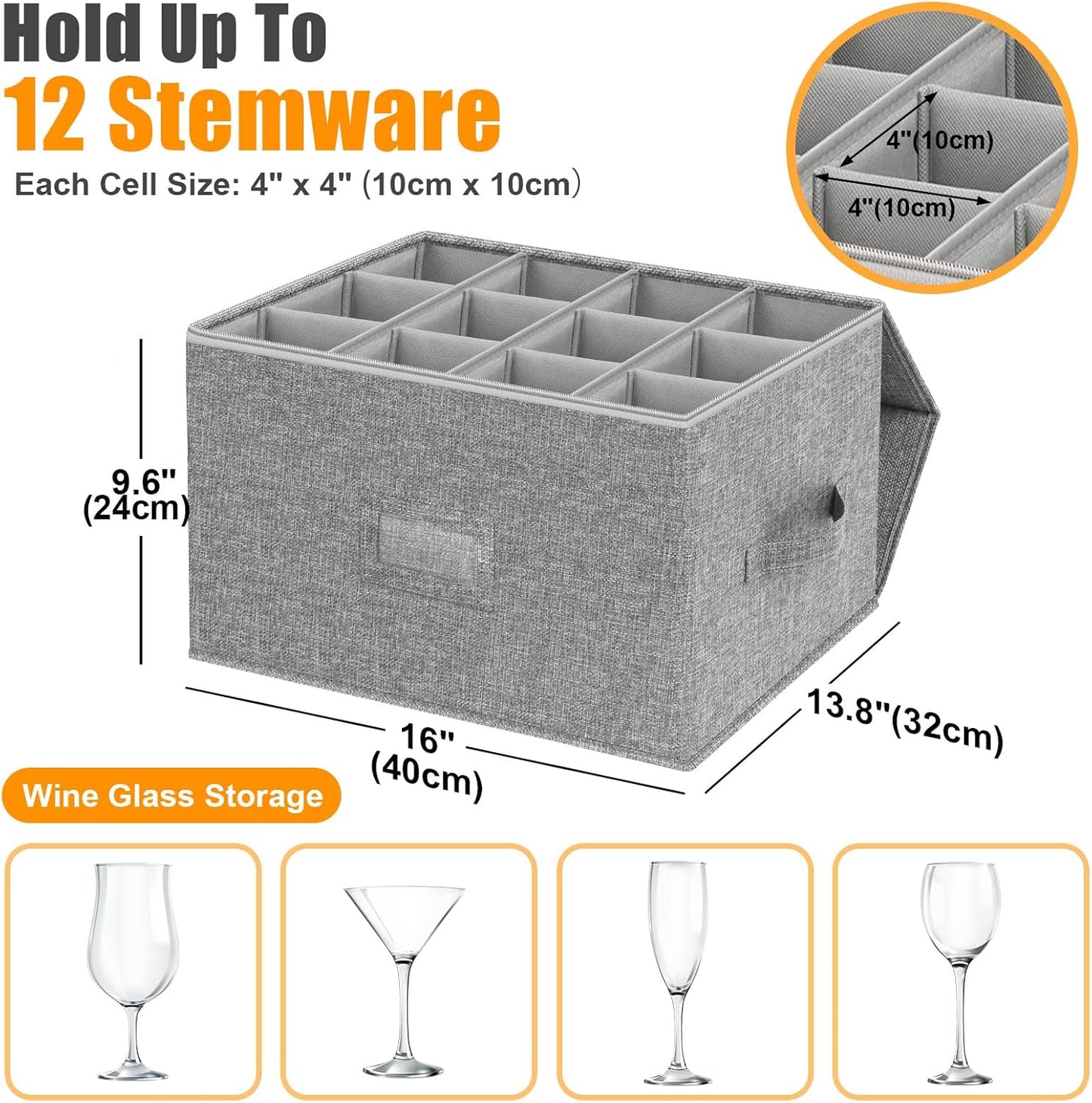 Kukikan Wine Glass Storage Box 2-Pack, Stemware Container Cases, Stackable w/Hard Shell Top Sides Bottom, Moving Supplies, China Storage Containers for 24 Crystal Glasses Drinkware 9.2'' Tall, Grey