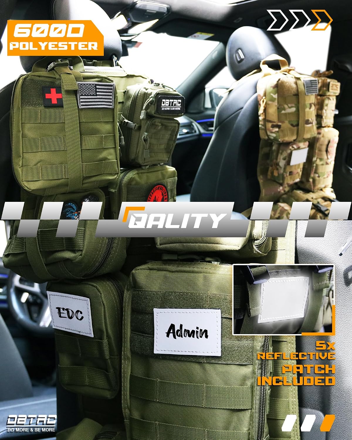 DBTAC Tactical Molle Car Seat Organizer | Vehicle Back Panel with 5X Detachable Pouches, US Flag & Writable Reflective Patch for Cars, Trucks, SUVs, Sedans