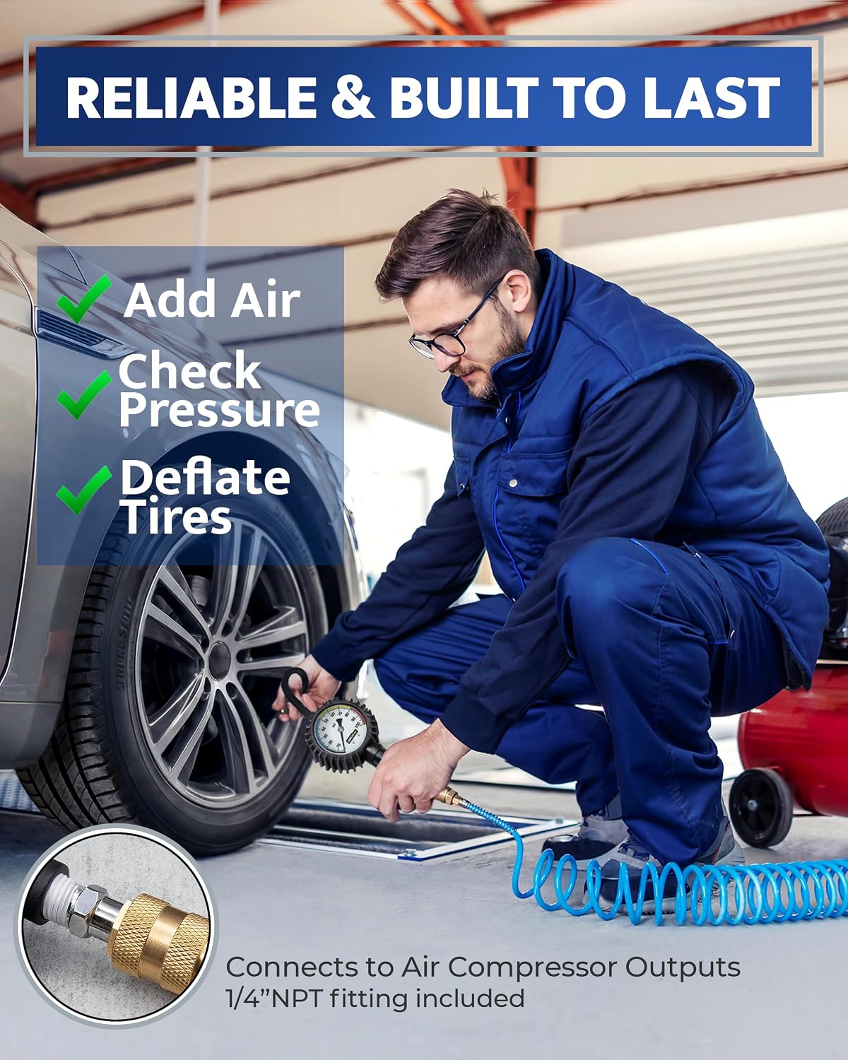 Air Chuck with Tire Pressure Gauge and Inflator for Air Compressor 100 PSI
